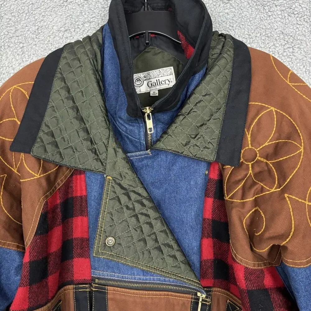 Vtg Gallery Patchwork Jacket Quilted Panel Mixed Media Grunge Jacket Unisex sz M